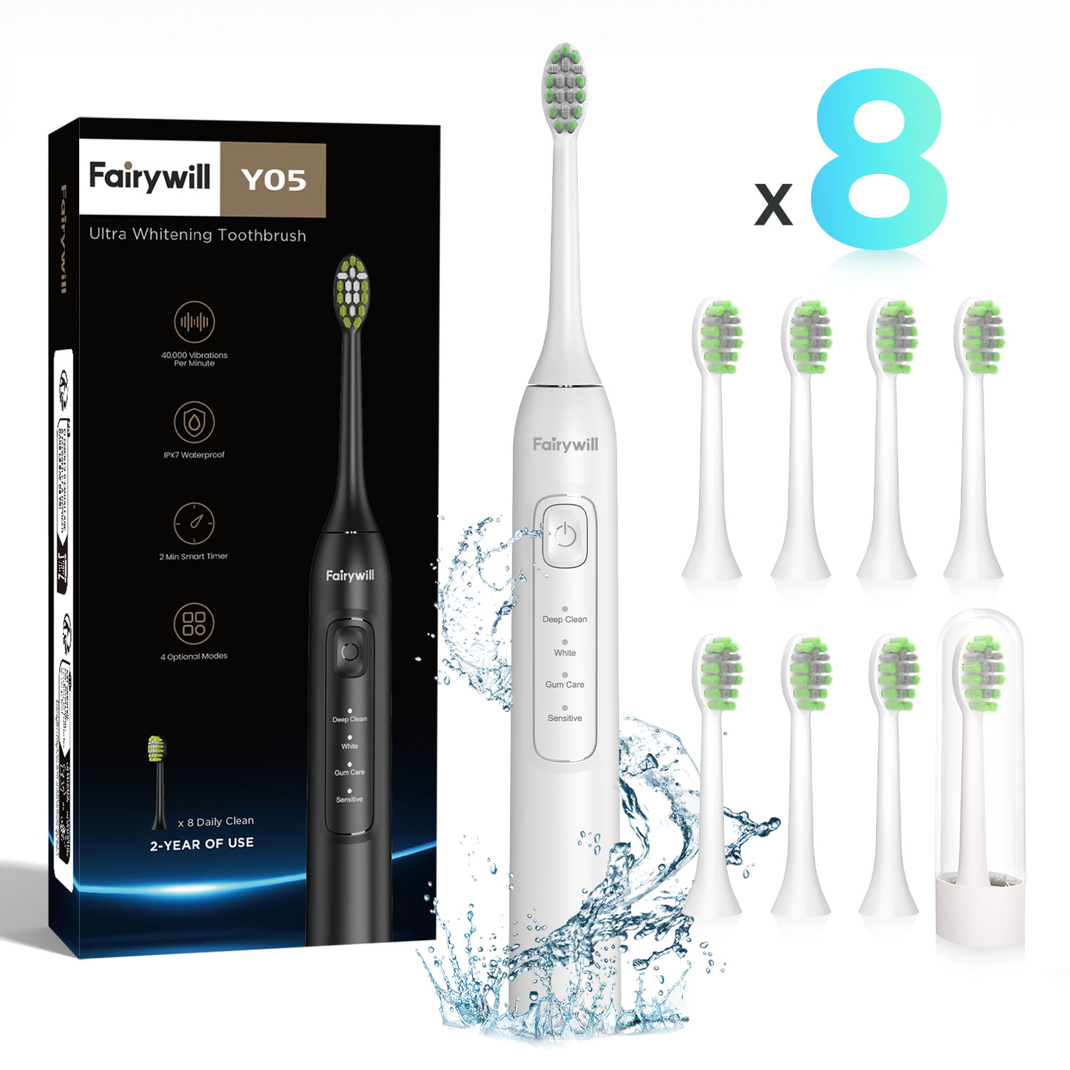 Teeth Whitening Toothbrush - Fairywill Ultrasonic Electric Toothbrush,42000HZ/min Vibrations 8pcs